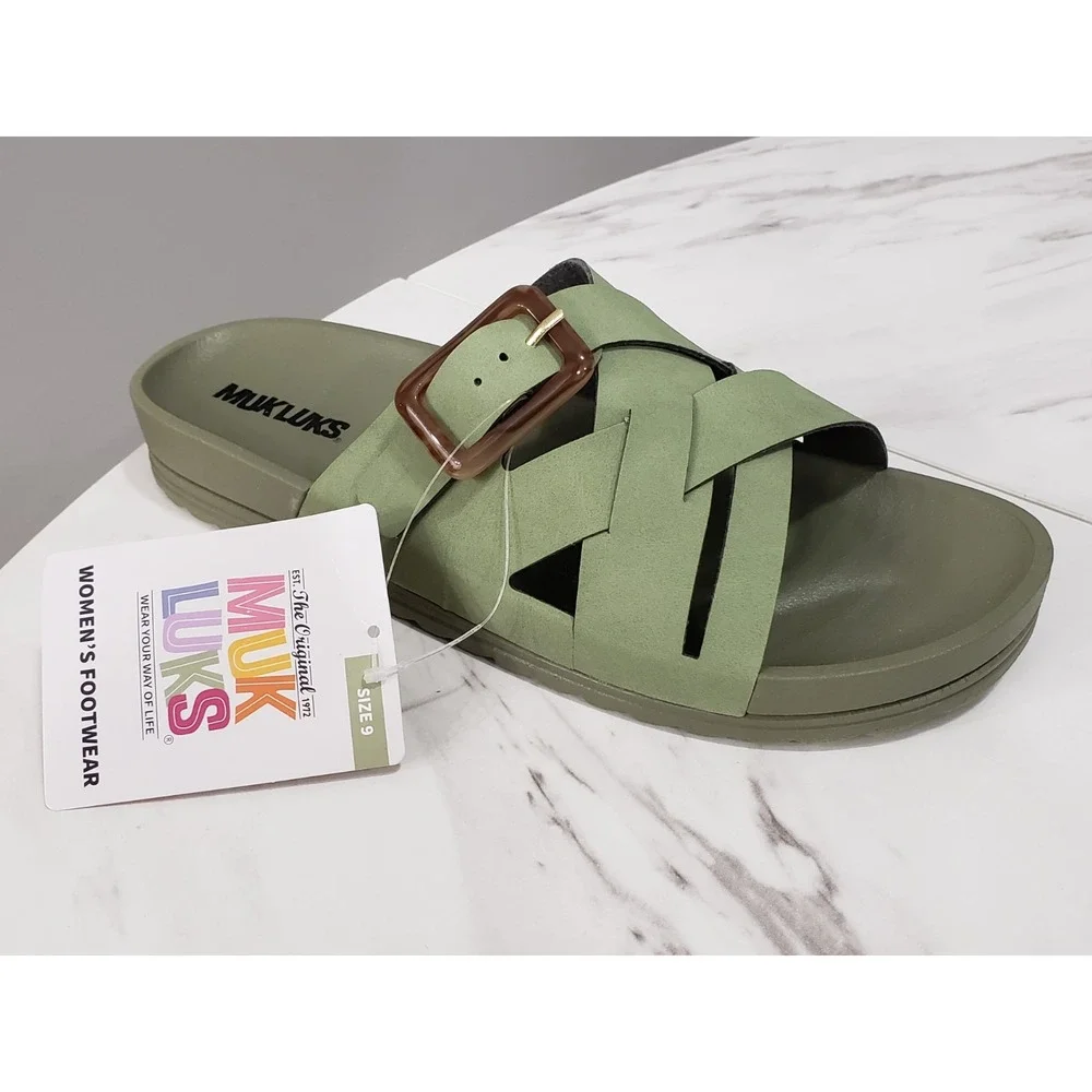 NEW NO BOX Size 9 Muk Luks Grand Cayman‎ Women's Sandals Light Olive Green Gold